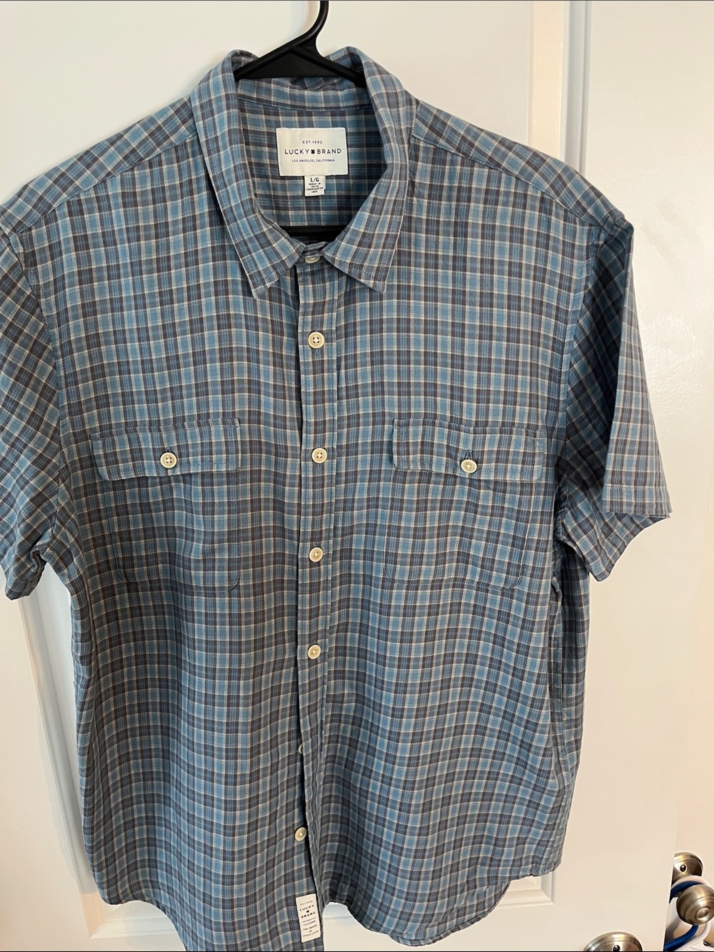 Lucky Brand Men's Blue Plaid Short-Sleeve Button-Up Shirt